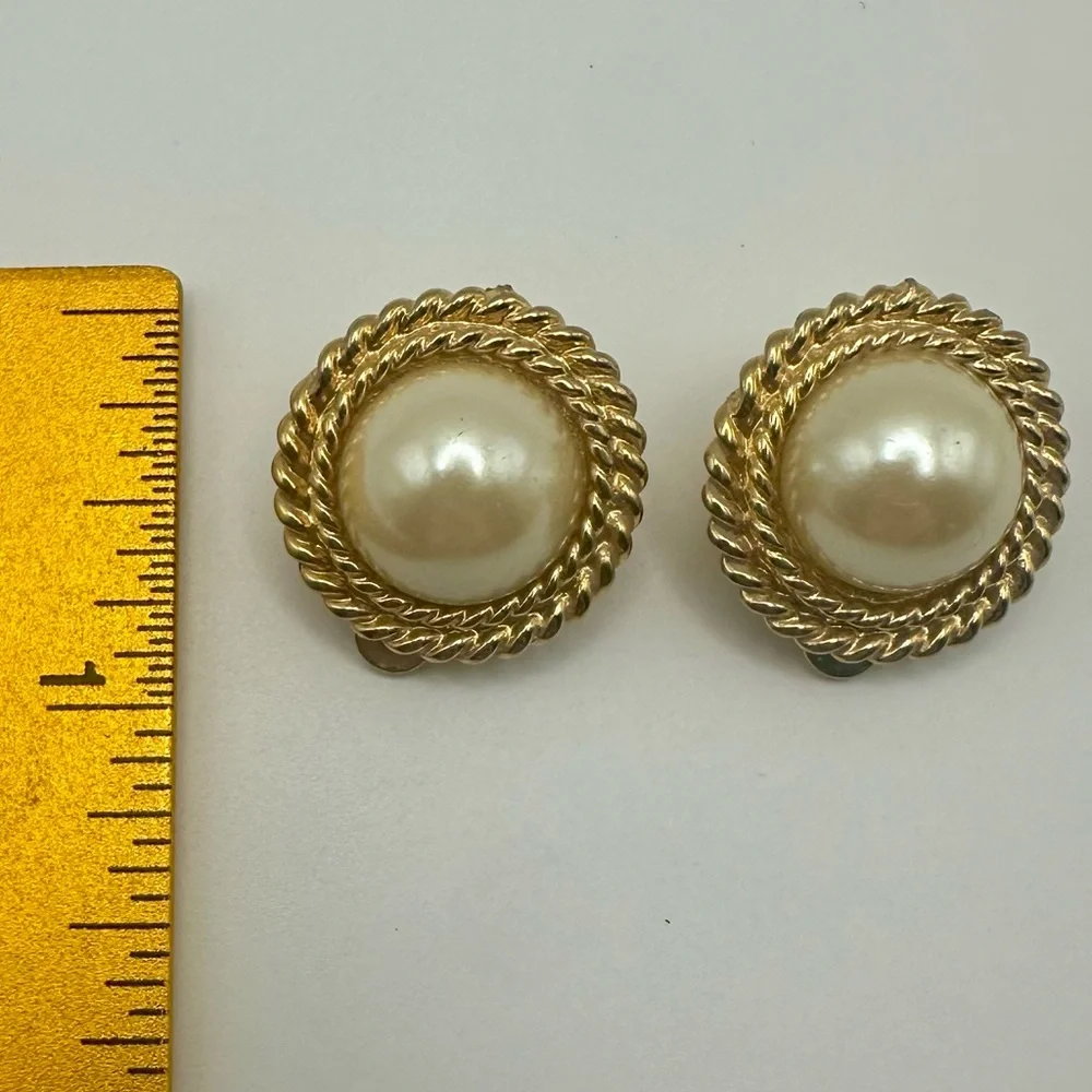 St. John Gold Tone Faux Pearl Clip On Earrings Double Rope Cabochon Round Vtg
